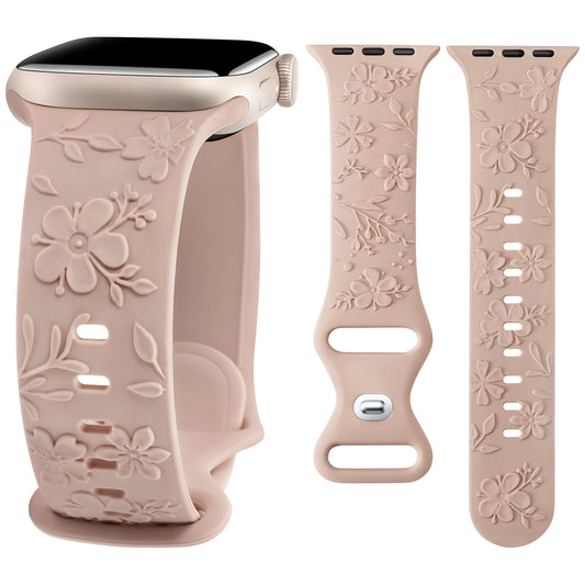 W-RARA Floral Engraved Band Compatible with Apple Watch Band 38/40/41/42/44/45/49mm Women, Cute Embossed Raised Cherry Blossoms Sport Replacement Strap for iWatch Series 9 8 7 6 5 4 3 2 1 SE Ultra