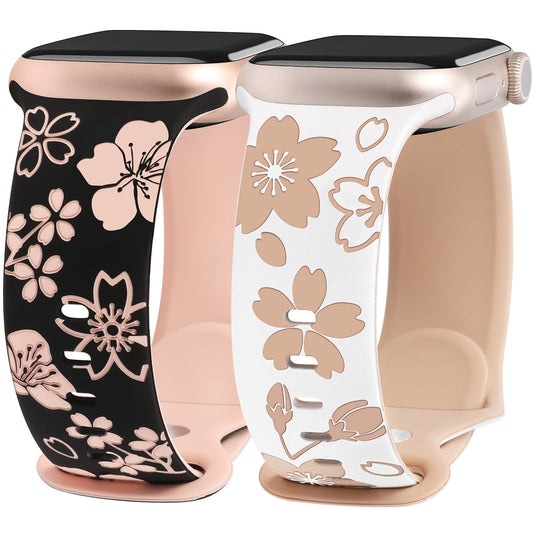 W-RARA 2 Pack Floral Engraved Bands Compatible with Apple Watch Bands 41mm 40mm 38mm 45mm 44mm 42mm 49mm Women, Two-Tone Cute Flower Silicone Sport Straps for iWatch Series SE 9 8 7 6 5 4 3 2 1 Ultra