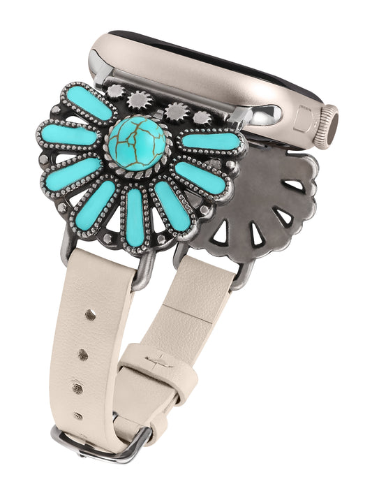 W-RARA Leather Band Compatible with Apple Watch Band Women 38/40/41/42/44/45/49mm, Boho Western Vintage Turquoise Ethnic Antique Style Strap for iWatch Series Ultra 2 SE 9 8 7 6 5 4 3 2 1